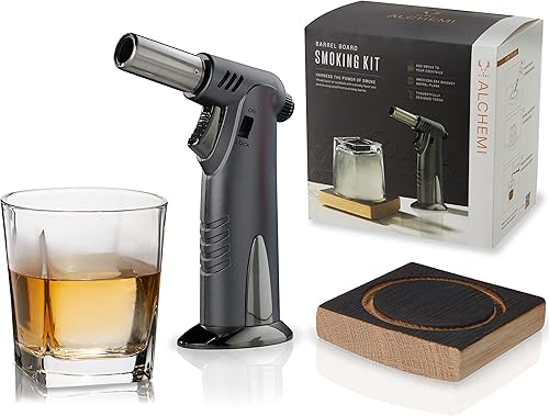 Viski Alchemi - Kit de tablero para infusión de bebidas, barril de whisky de roble americano, humo de madera, incluye vidrio y antorcha, juego de 3