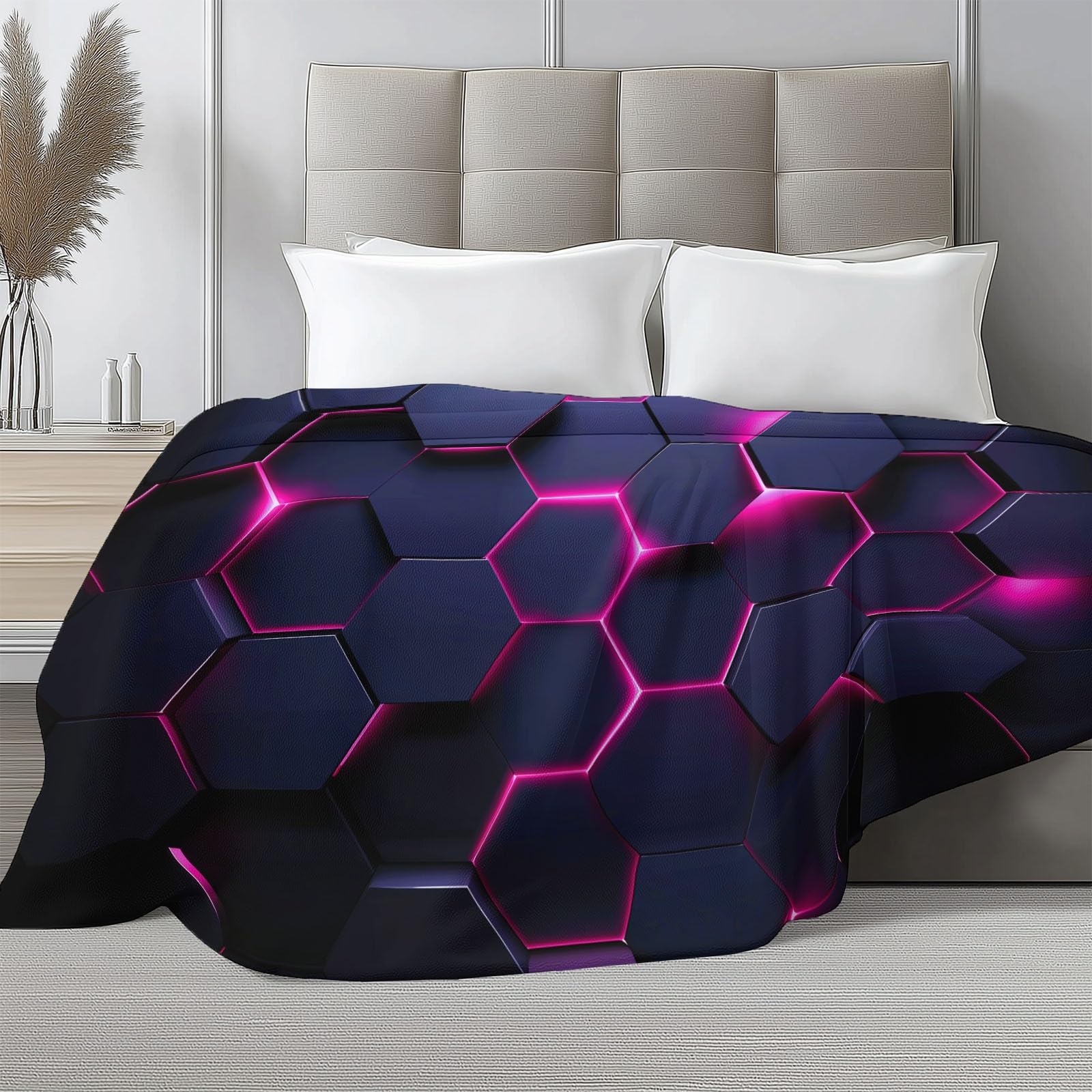 Coperta Peluche Morbido Arcobaleno Neon per Divano Sedia, Morbidi Coperte Plaid Flanella Fantascienza 3D Esagoni Geometrico - Caldo Trapuntino Sherpa Peluche Morbido Copriletto Letto, 180 x 220 cm