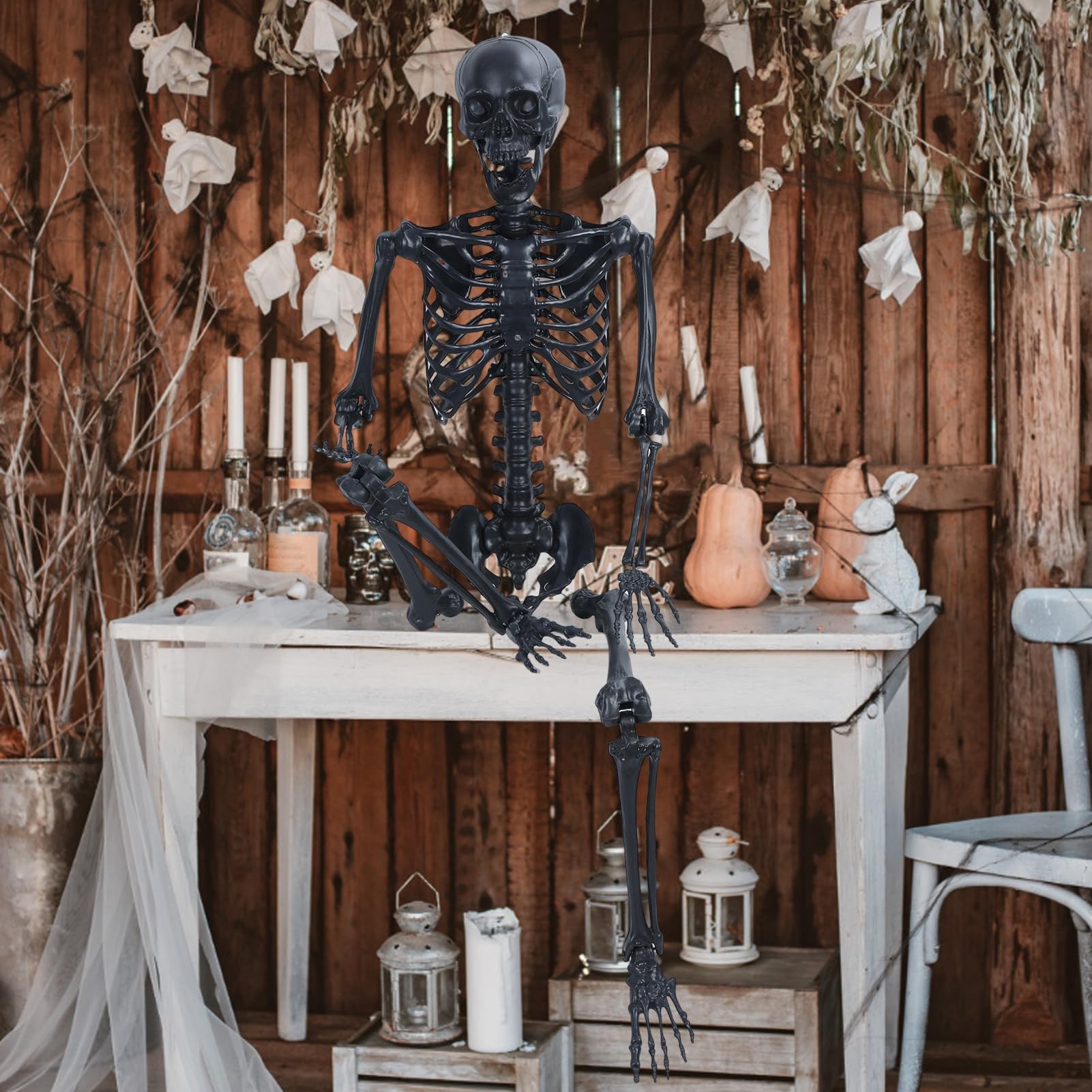 Life Size Poseable Human Skeleton Bones Halloween Decoration – Indoor/Outdoor Horror Prop, White PVC