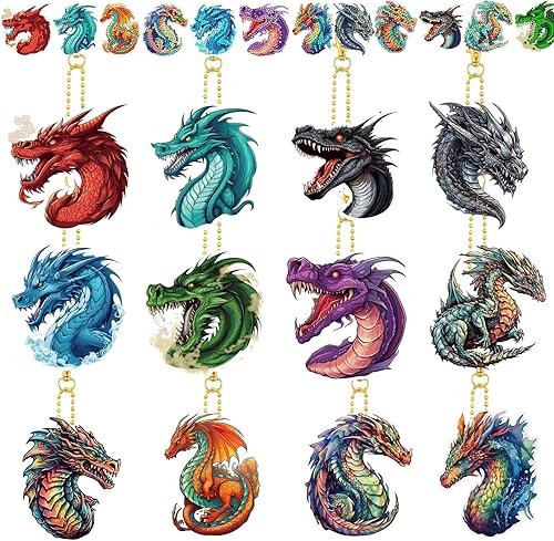 Miniatura 1 de Kit de 12 llaveros de pintura de diamante de dragón para bricolaje, lindos llaveros de pintura de diamante de dragón para principiantes y adultos,