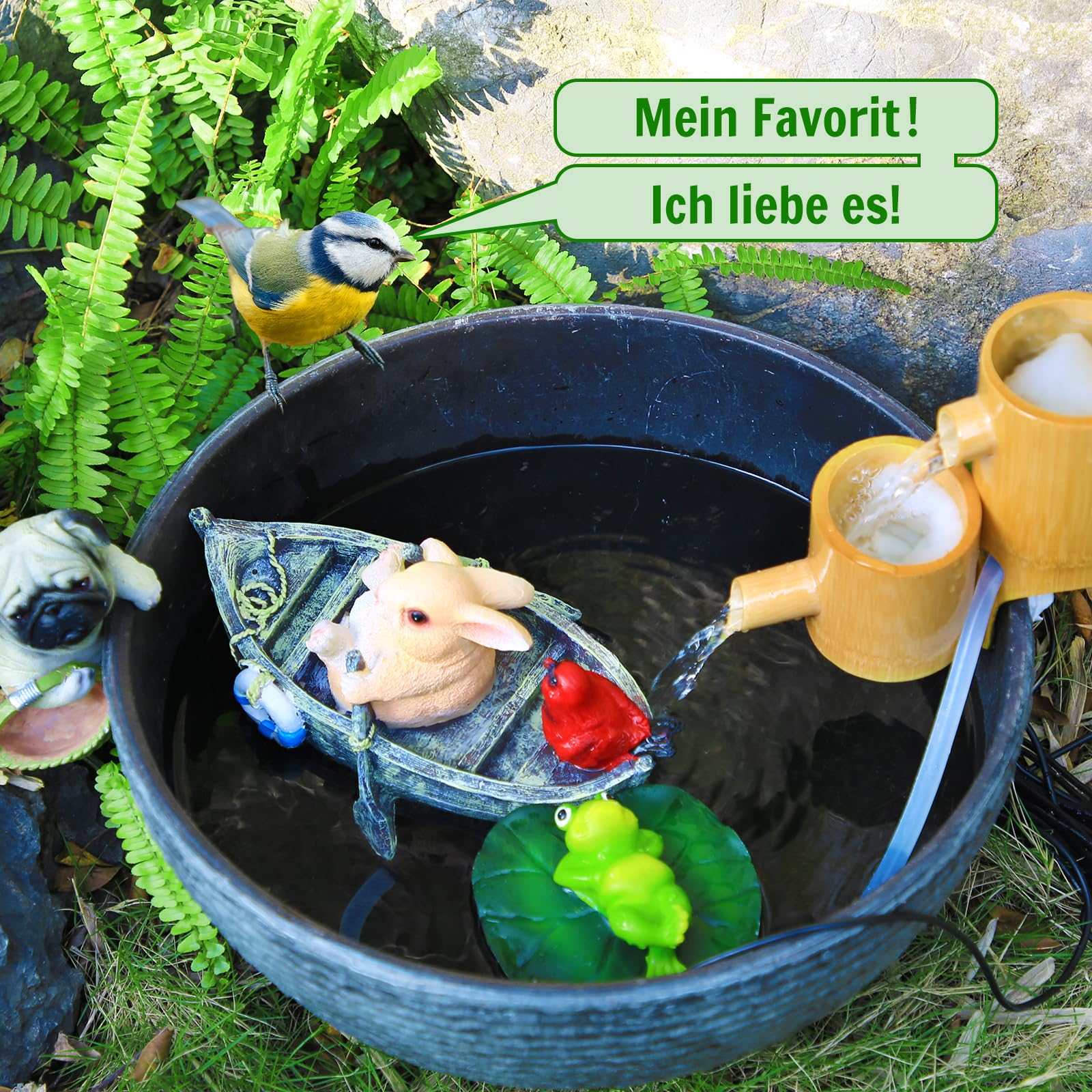 AMZtime 15W Solarbrunnen für Draussen, Solar Teichpumpe mit 6 Sprüh Effekten, Solar Fontäne Pumpe für Garten