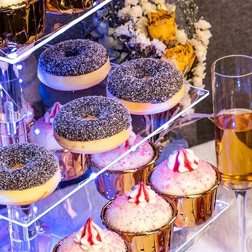 Miniatura 4 de weddingwish Soporte para cupcakes, soporte cuadrado de acrílico de 4 niveles con cadena de luces LED, torre de postre para pasteles para cumpleaños
