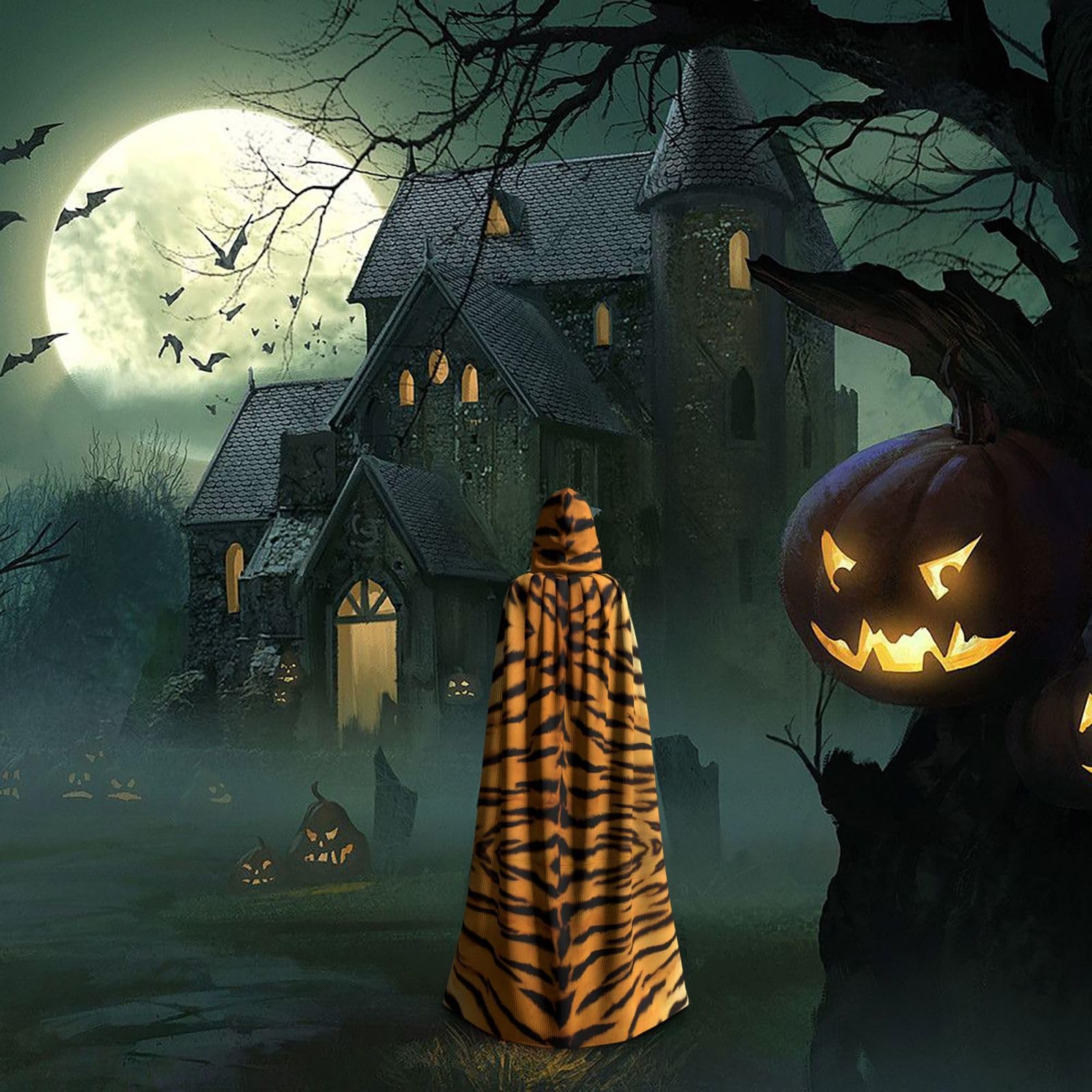 Mantello con cappuccio per Halloween, per adulti, facile da pulire, perfetto per feste e cosplay, palcoscenico e altro, con pelle di tigre, nero, Taglia unica