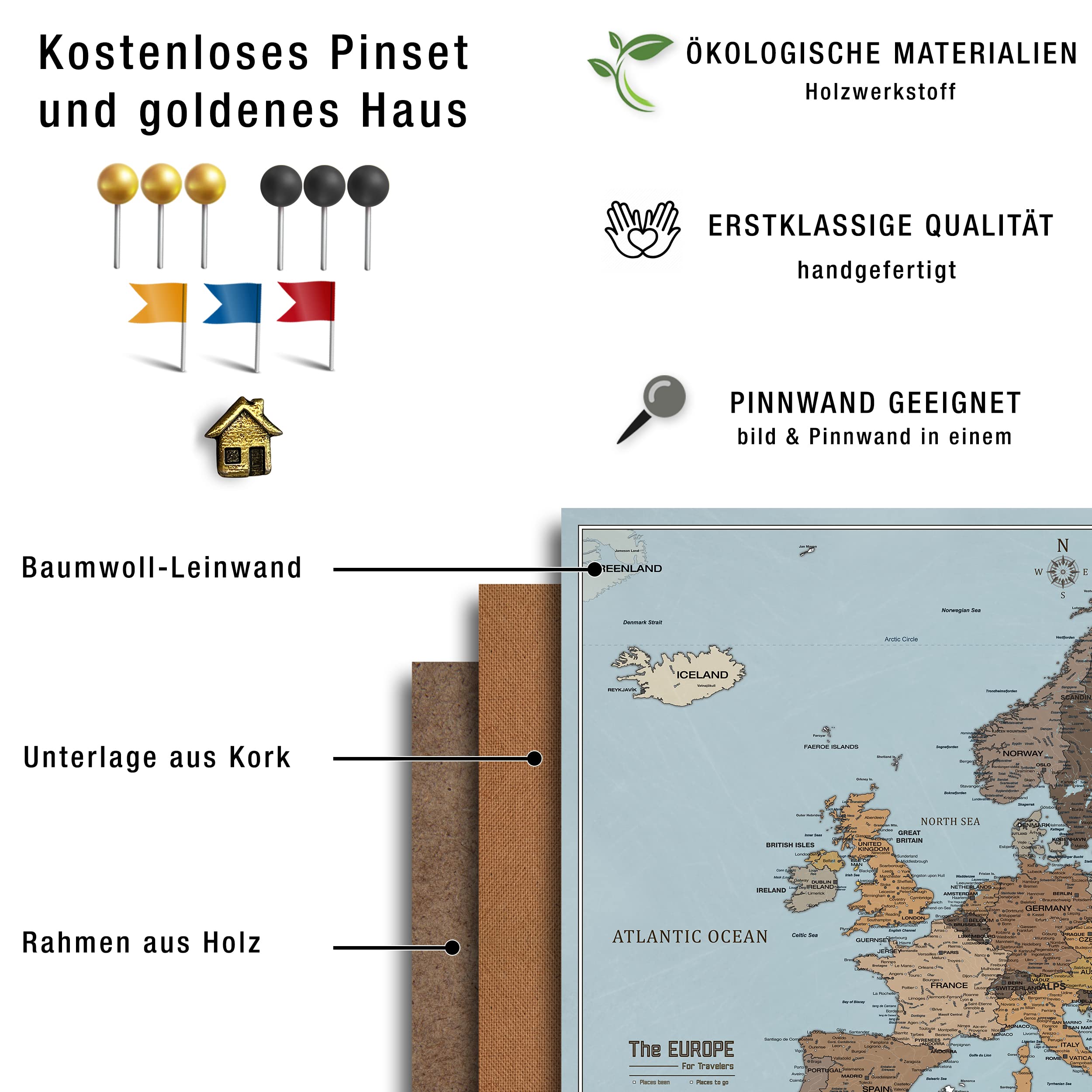 Canvas mapa Europy z korkiem pinboard do przypinania celów podróży - Dekoracja ścienna do każdego pomieszczenia - obrazy canvas z mapą Europy w różnych rozmiarach (85x60 cm, Entwurf 3)