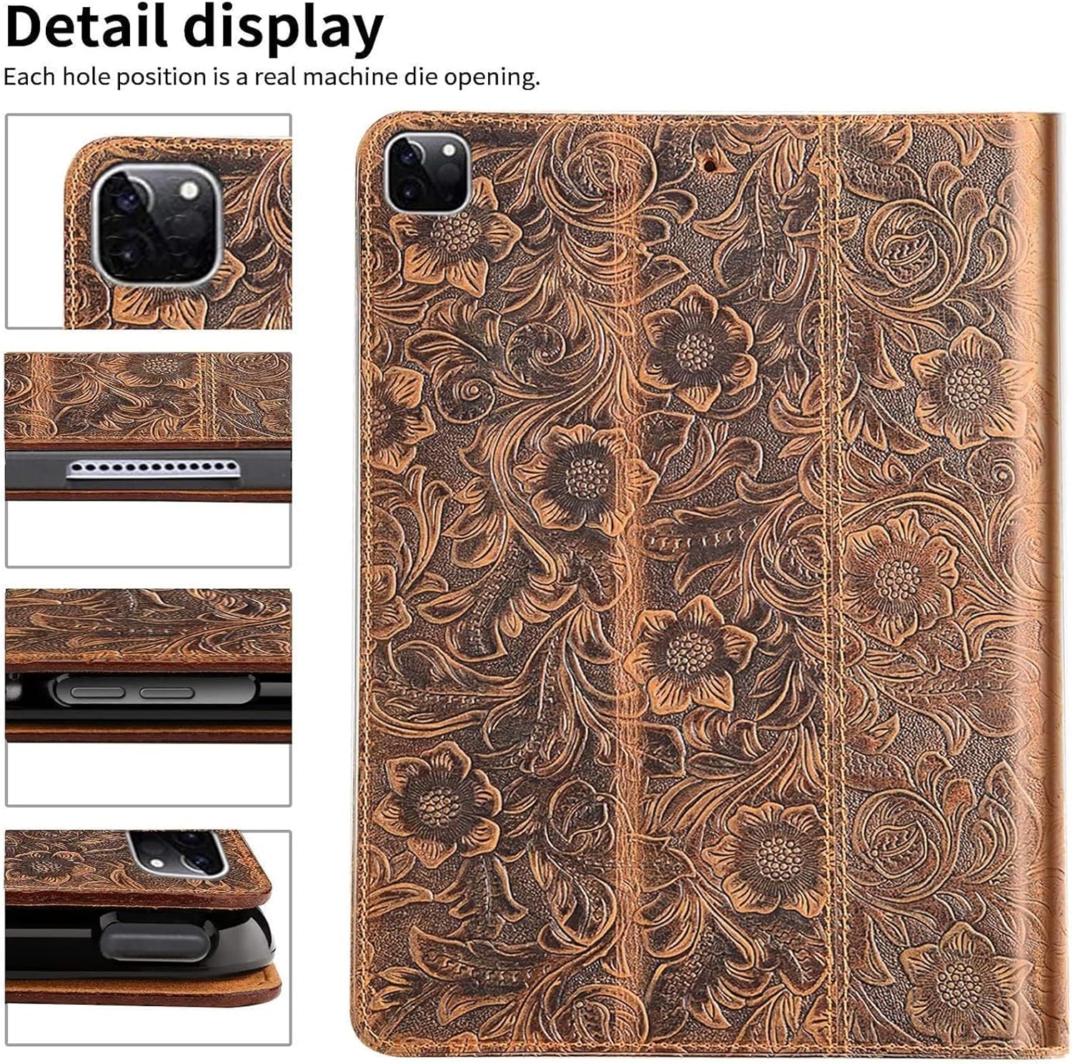Gexmil Genuine Leather Case for iPad Pro 13 Inch (M5/M4) 2025/2024 with Adjustable Stand,Protective Shockproof Premium Leather Smart Folio Cover Auto Sleep/Wake Anti-Slip, Flower Brown