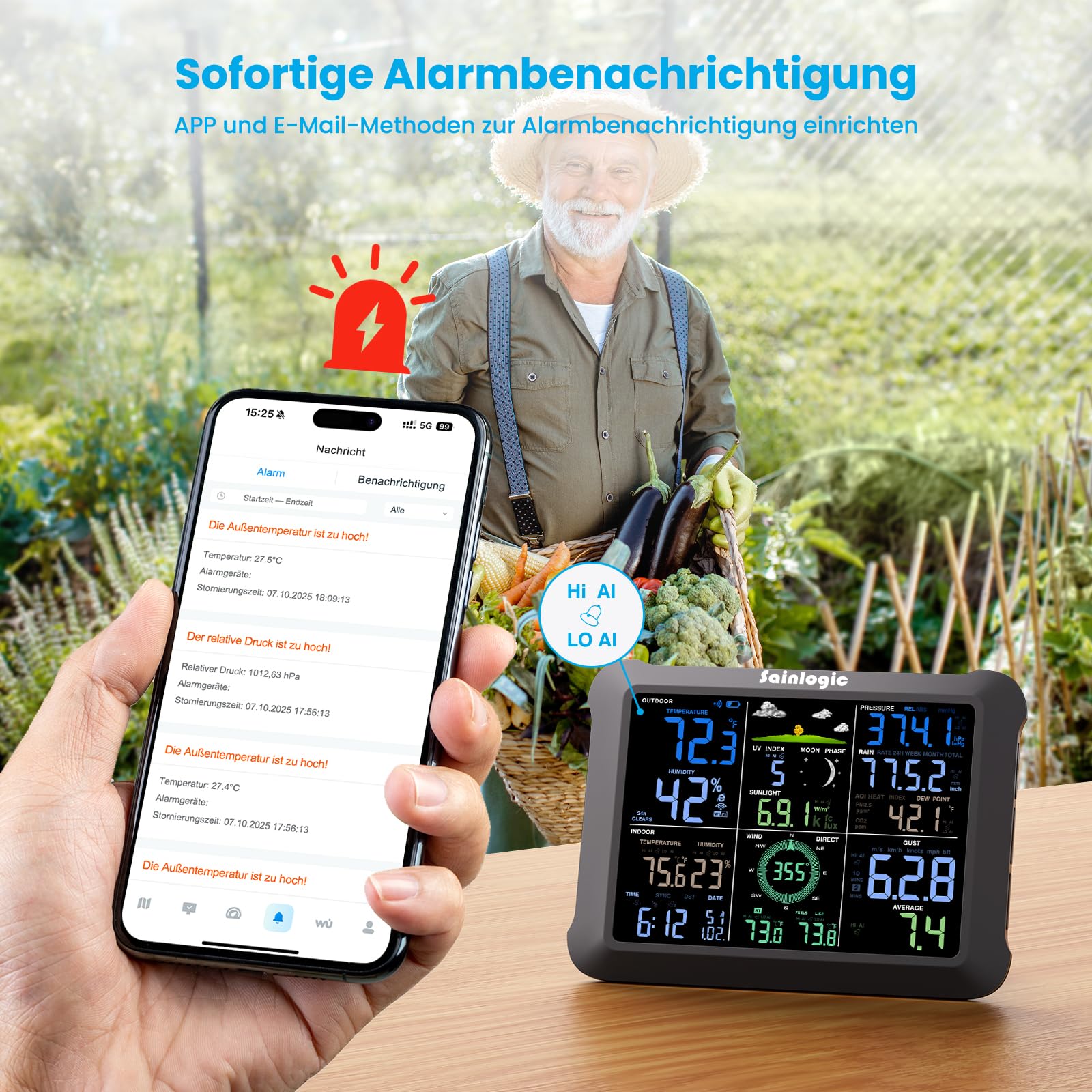 Sainlogic Wetterstation WLAN SA9 mit 24/7 Genauer von Weatherseed® AI, 8,5" Großdisplay, UV, Regenmesser Digital, 14-in-1,Windmesser,2-Jahre Datenspeicherung & Export(Nur 2,4 GHz)