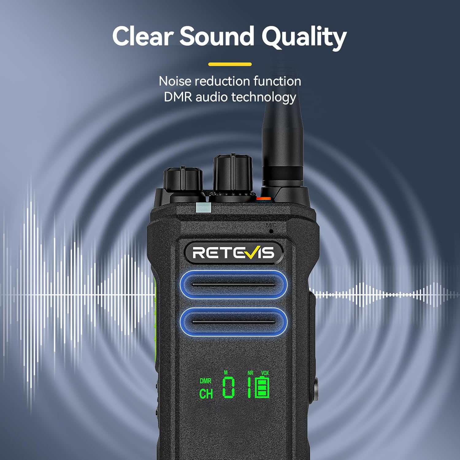 Retevis NR30D radio highlighting clear sound quality with noise reduction