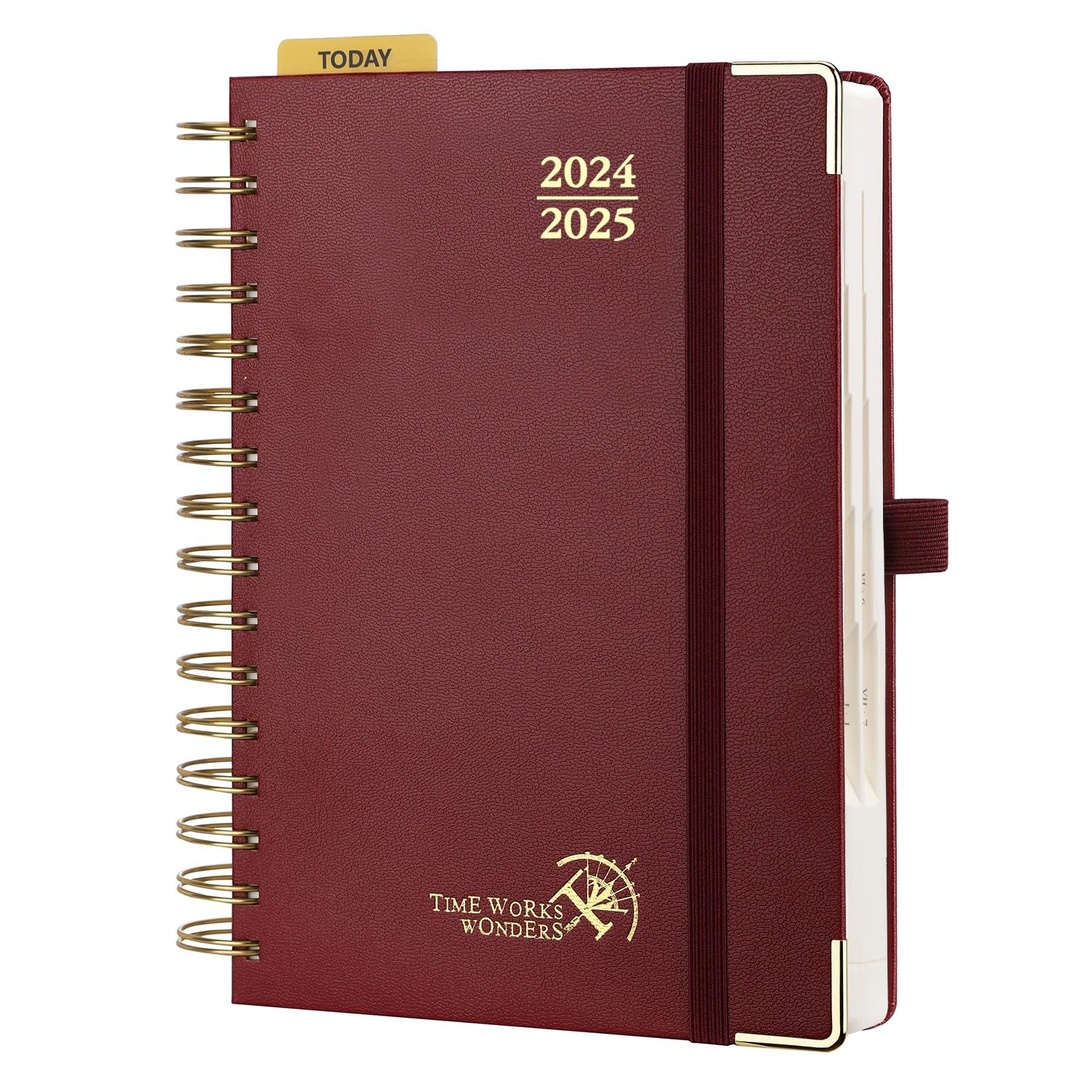 POPRUN Agenda 2024 2025 Dia Por Pagina 21,5 x 14,5 cm, Espiral Agenda Diaria 12 Meses de Ago.2024 a Jul.2025, Tapa Dura, Regla de Plásticol, 80 GSM Papel, Borgoña