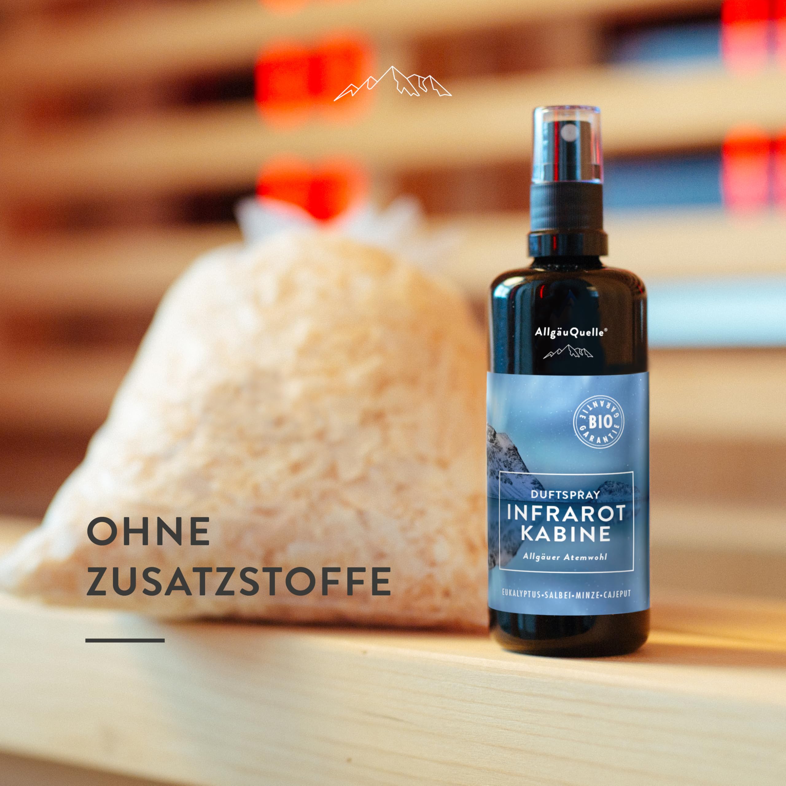 AllgäuQuelle® Bio Infrarotkabinen-Spray-Set mit 100% Bio-Raumduft 4x100ml - ✓ Allgäuer Erfrischung ✓ Allgäuer Naturluft ✓ Allgäuer Atemwohl ✓ Allgäuer Nachtruhe inkl. Bio-Duft-Säckchen