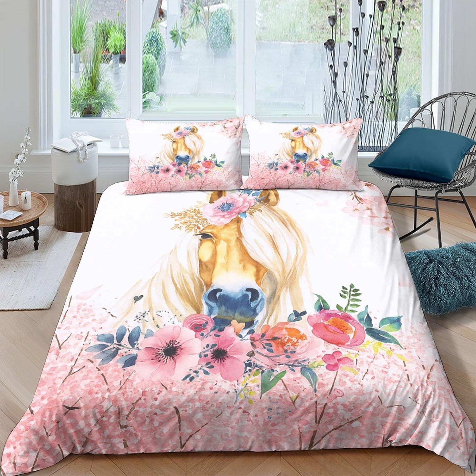 GPLZQXKJNH 3D Printed Horse Floral Duvet Cover Microfiber Soft Pastel Unicorn Bedding Set with 2 Pillowcases, Bedroom Decor Single（135x200cm）
