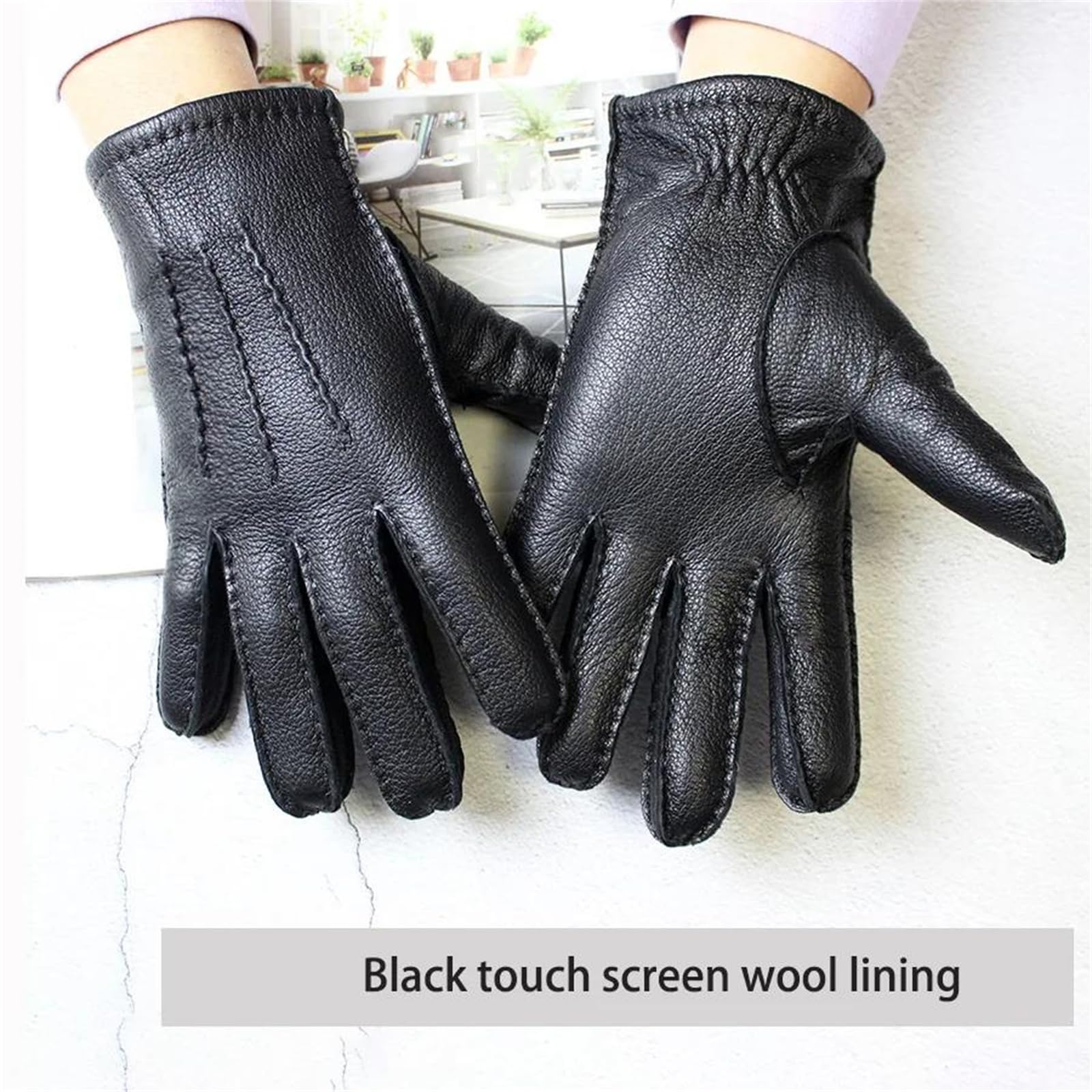Guantes de piel de ciervo auténtica para hombre, con forro de lana, cálidos, térmicos, para conducir, motociclismo, a la moda