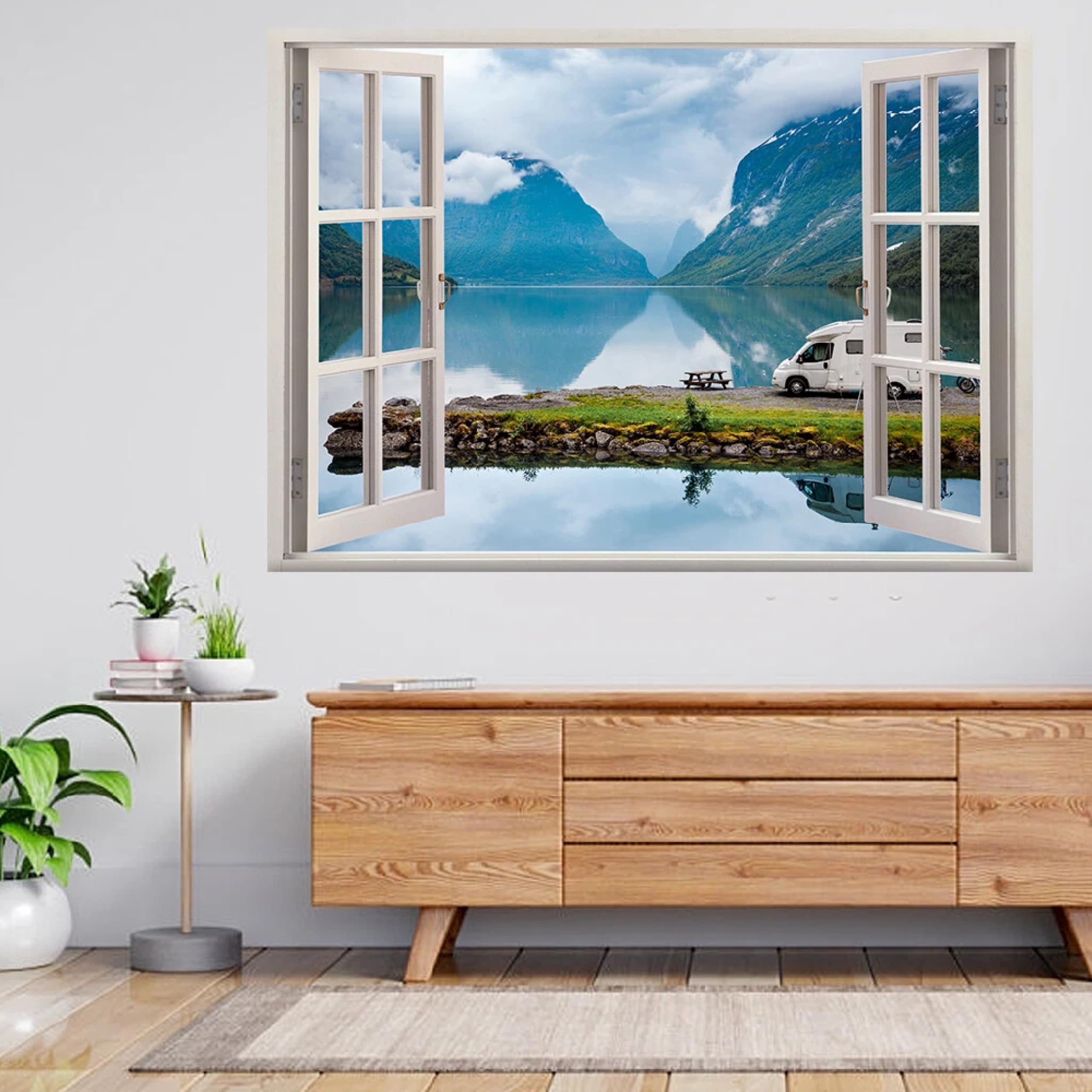 Adesivi decorativi da parete 3DPaesaggio Montano Del Lago Adesivi murali Decalcomanie murali 3D fracassate Wall Vinyl Family for Camera da letto Soggiorno Nursery Home Wall Décor 58x101cm