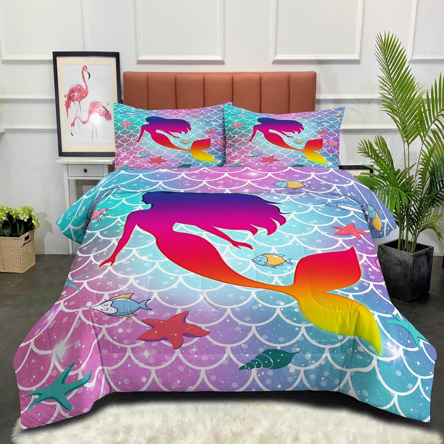NINENINE Mermaid Bedding Twin Comforter Sets for Girls Rainbow Princess Bedding Colorful Glitter Scales Comforter Set Ocean Fish Bed Set with 1 Comforter 1Pillowcase