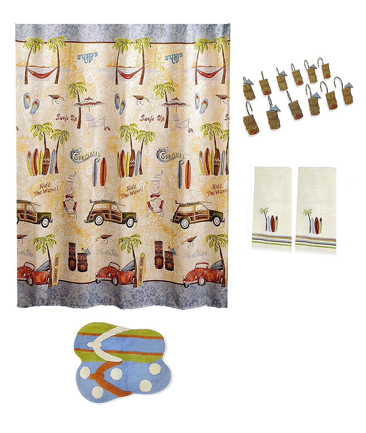 Buy Gone Surfing Bathroom Shower Curtain, Tiki Hooks, Flip Flop Rug and