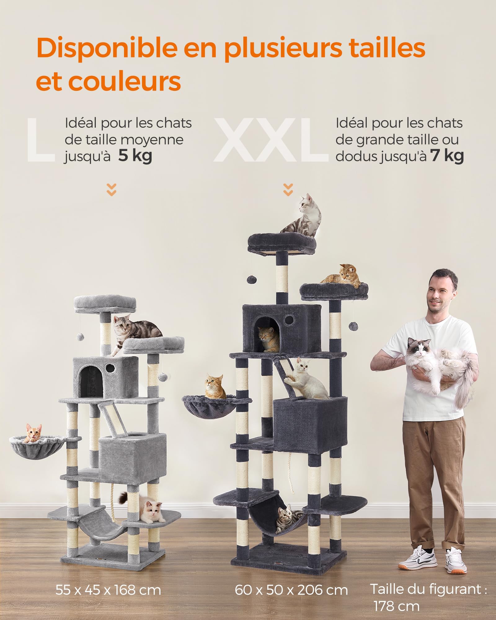 Feandrea Arbre à Chat, Hauteur 206 cm, avec 13 Griffoirs, 2 Plate-Forme, 2 Niches, Panier, Hamac, Pompon, Tissu Peluche, Multi-Niveaux pour Chat d'Intérieur, Gris Foncé PCT190G01
