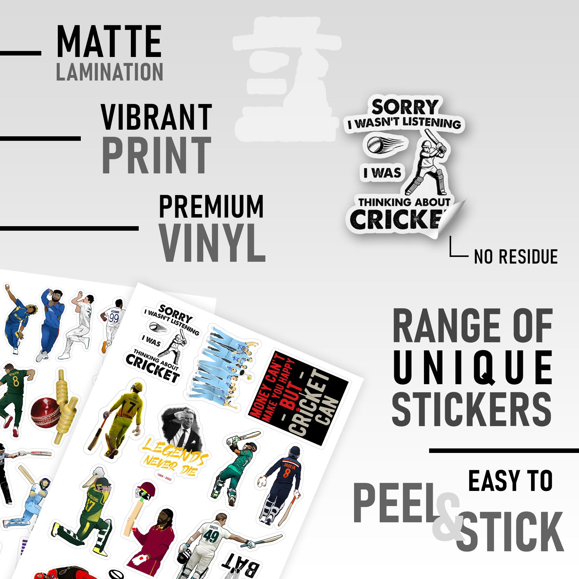 CodersParadise Vinyl Pack of 60 Cricket Stickers for Scrapbook, Laptop, Journal, Diary, Guitar, Mobile Phone - Waterproof Residue Free Sticker, self-adhesive, 3 inch