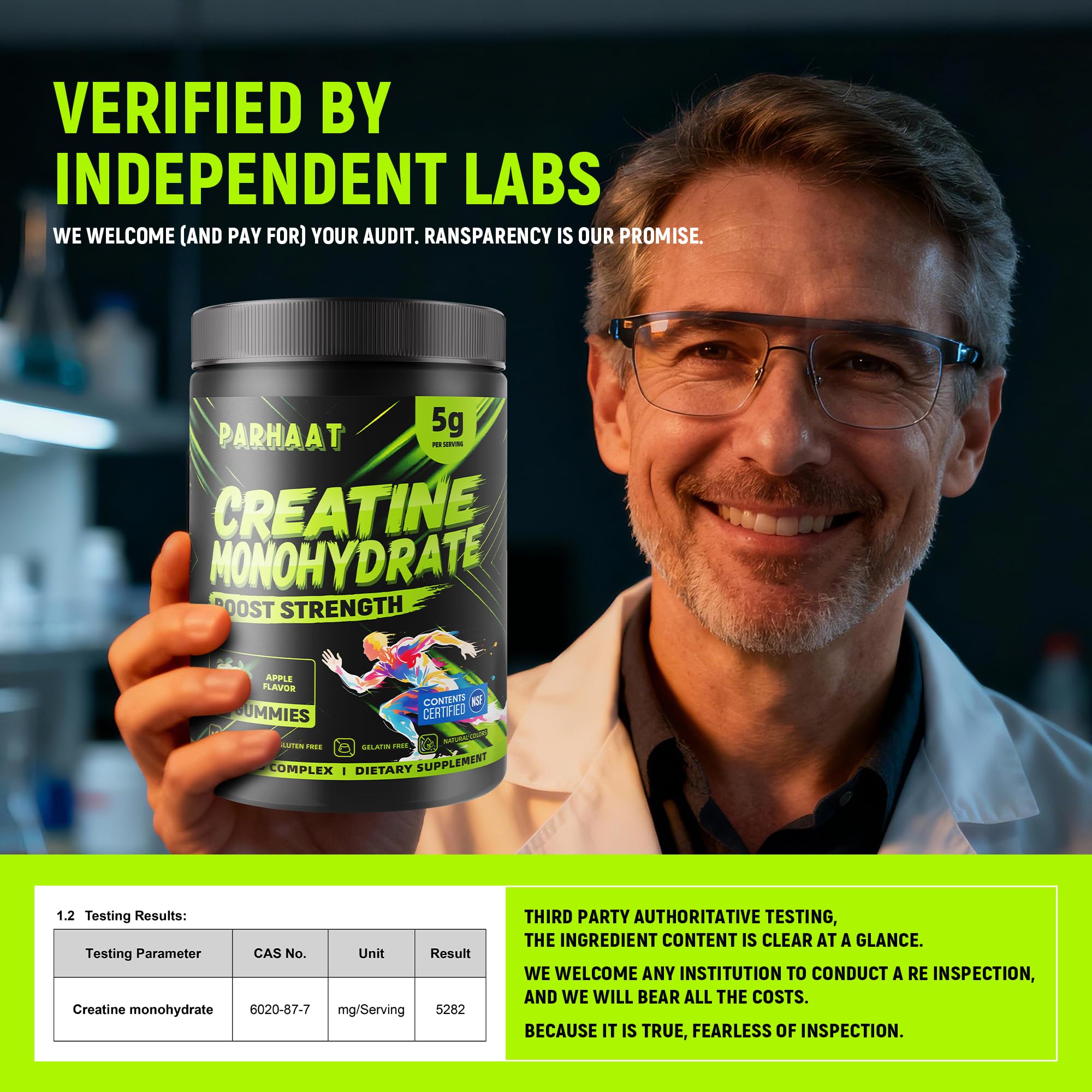 NSF Certified Creatine Gummy - Creatine Monohydrate Gummies 5g for Men & Women - Boost Focus,Strength, and Endurance, Vegan, Gluten-Free, Non-GMO, 2.5 Gram Creatine per Gummy (Apple 90 ct) — Amazon image 5