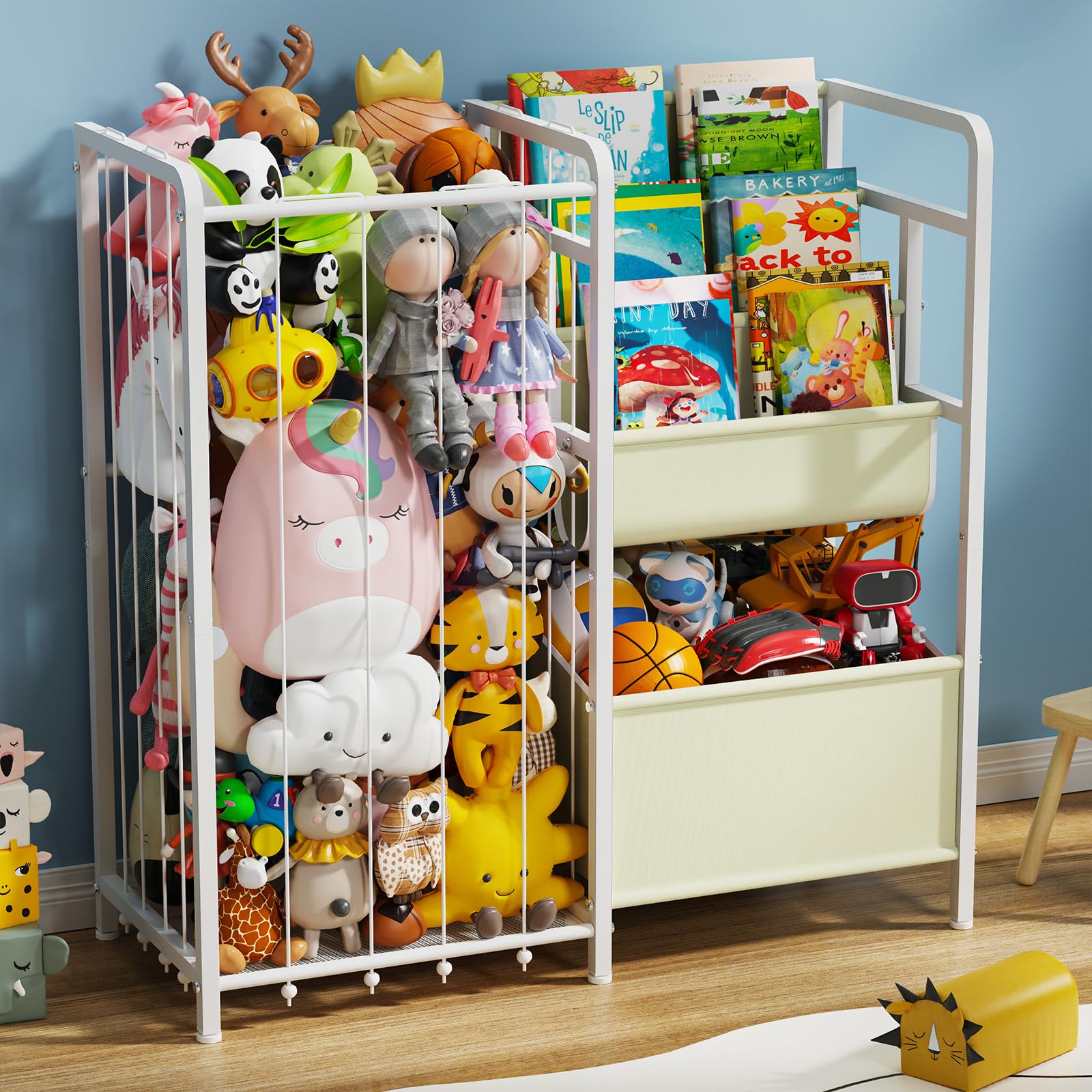 AIJIAMEIER Kids Toy Organizer with Bookshelf, Stuffed Animal Zoo Storage with Bins, 3-Tier Book and Toy Chest Storage for Kid Toy Shelf Organizer for Kids Room Playroom Nursery Kindergarten(Beige)