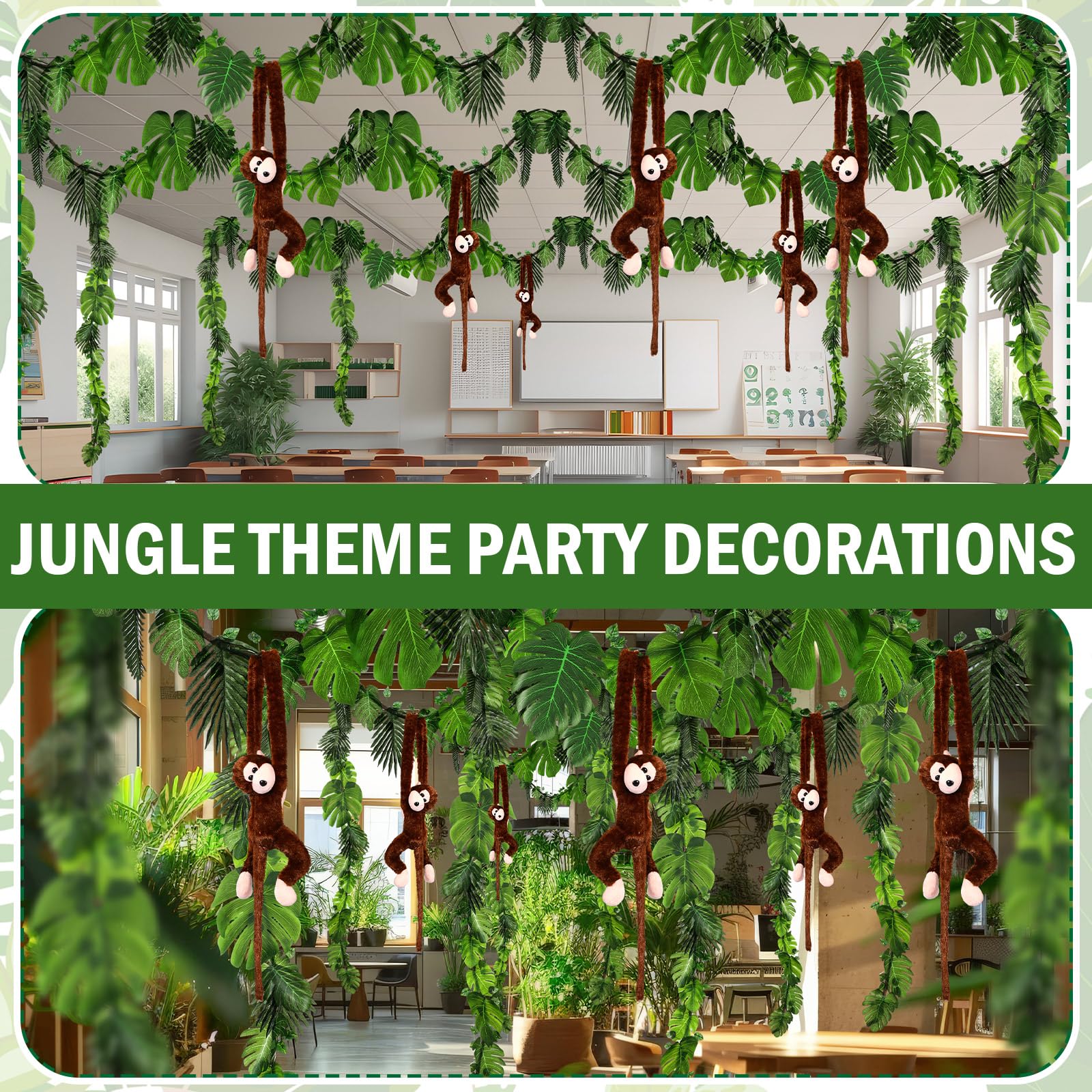 Suncalla 115 piezas de decoración de fiesta temática de la selva, 6 monos colgantes de peluche de 29 pies, vides Pothos de 40 pies, ratanes artificiales, 100 guirnaldas tropicales de hojas de palma