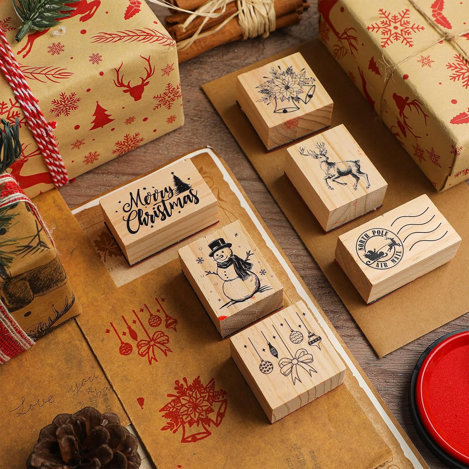 Watersay 6 Pcs Rubber Stamp Set Wooden Rubber Stamp Stamps Vintage Wooden Art Stamps for Crafting and DIY Scrapbooking Card Making Hand Book(Classic)