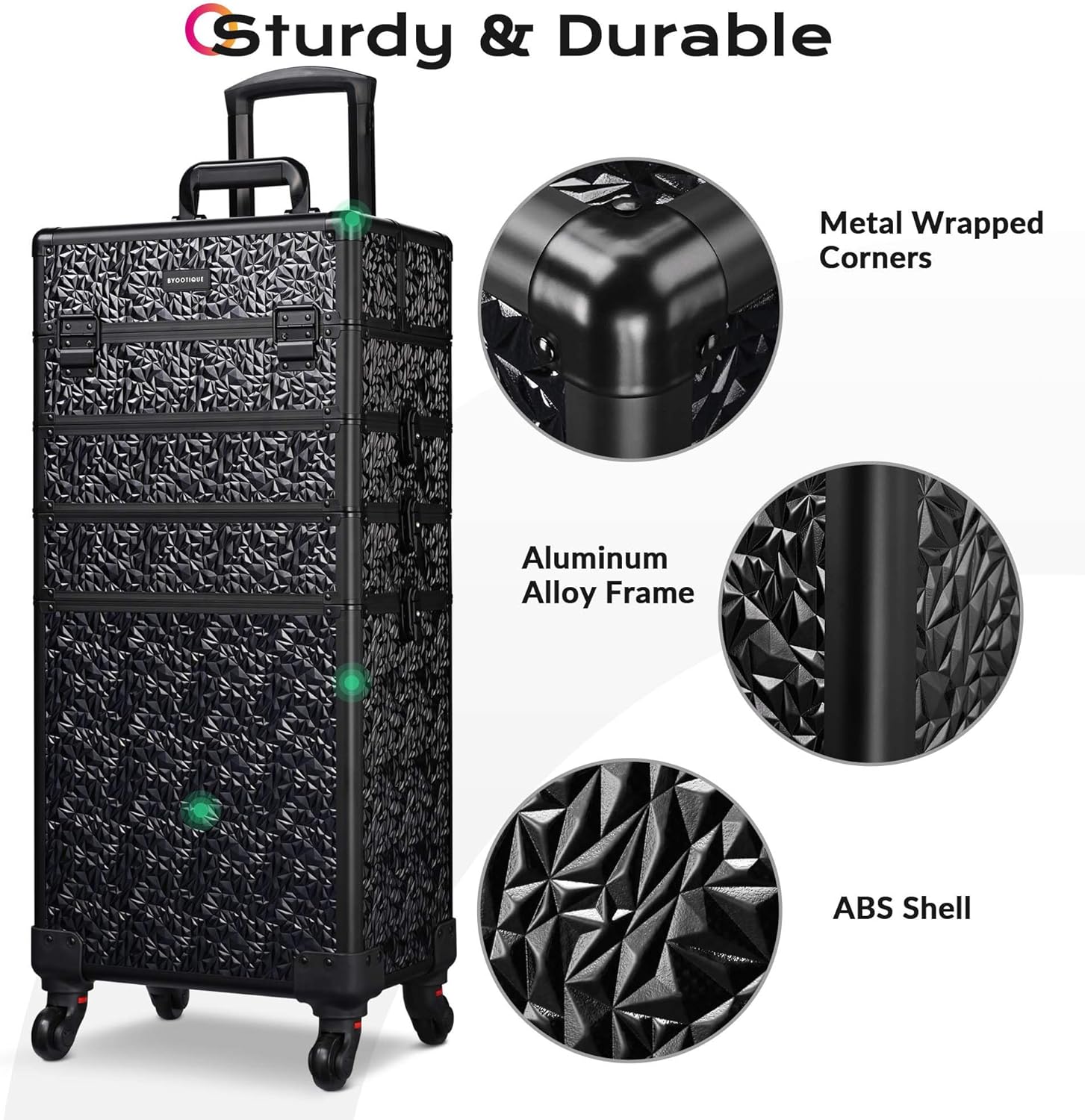 BYOOTIQUE 4in1 Rolling Makeup Train Case on Wheels Large Cosmetic Travel Organizer Eyelash Storage Box for Nail Tech Beauty Salon Manicurist Barbershop,Mermaid Black - Image 5