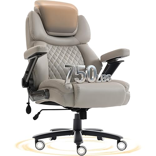 Oversized Big and Tall Office Chair 750lbs with Adjustable Headrest & Lumbar Airbag, Large Executive Chair with 5D Flip Arms, Heavy Duty Metal Base Chair with Hollow Casters & Thick Spring Seat, Beige