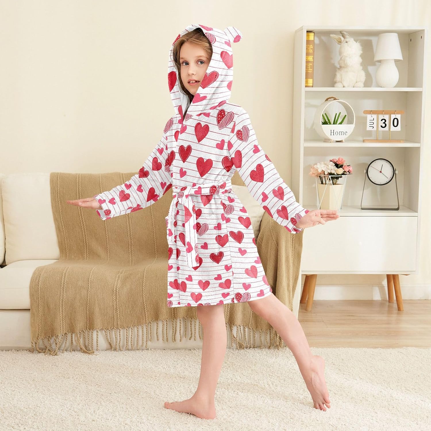 Cute Cartoon Red Heart Toddler Hooded Bathrobe for Boys Girls Soft Plush Bath Towel Robe 2-12 Years