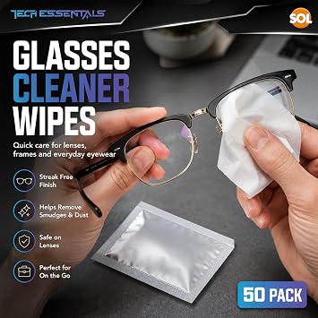 SOL 50pk Glasses Wipes - Individually Wrapped Lens Wipes for Glasses - Spectacle Wipes - 1pk x 50pcs