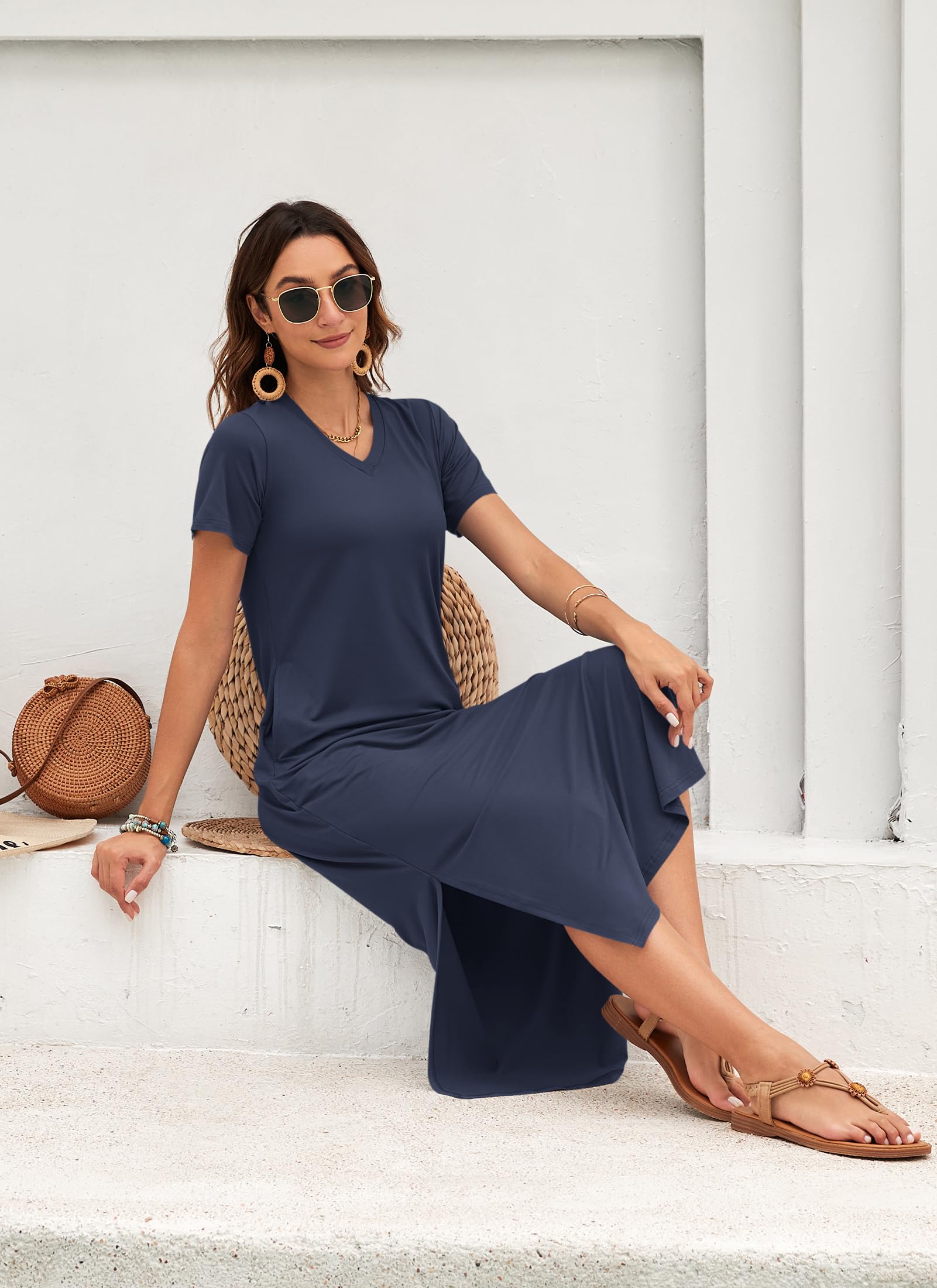 AUSELILY Longues Robes D'Été pour Femmes,Robe Femme De Plage Fendues,Manches Courtes,Col en V,avec Poches