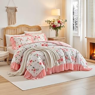 Flower Comforter Set Queen Size 90 * 90in - White Pink Floral with Green...