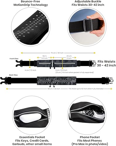 Miniatura 4 de Cinturón de correr para hombres y mujeres, sin rebote, doble bolsillo, repelente al agua, riñonera para todos los teléfonos celulares, Camo Negro,