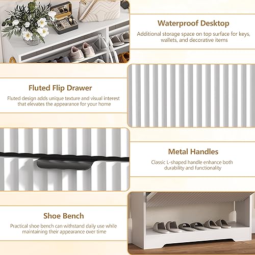 Miniatura 5 de Shoe Cabinet Storage for Entryway with 2 Flip Drawers, White Fluted Shoe Cabinet with Open Storage, Wooden Hidden Shoe Rack Freestanding Narrow Slim