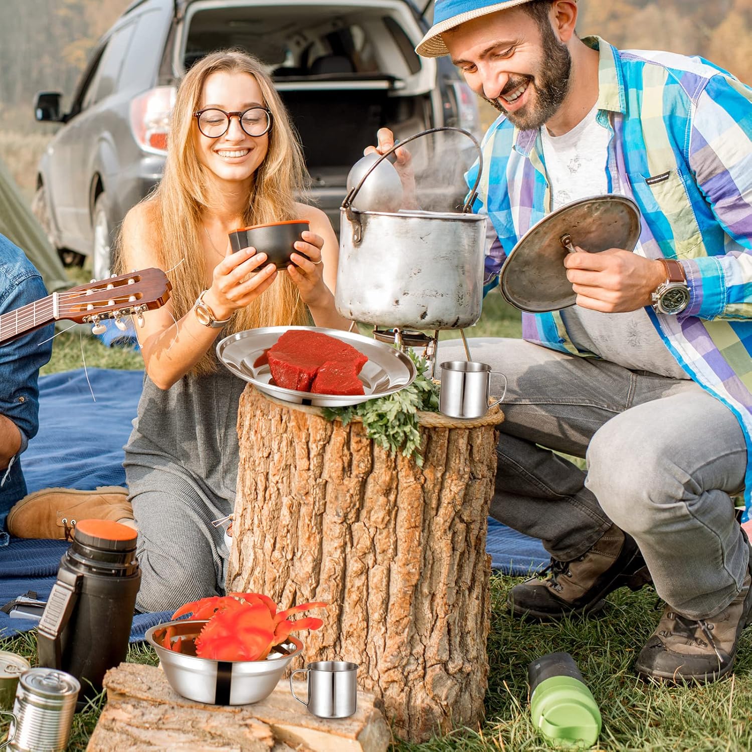 58 Pcs Camping Plates Cups and Bowls Set, Stainless Steel Dishes Mess Kit Utensils Tableware with Spoons Forks Knives Storage Bags for 8 Person Outdoor Camping Backpacking Hiking Travel Picnic