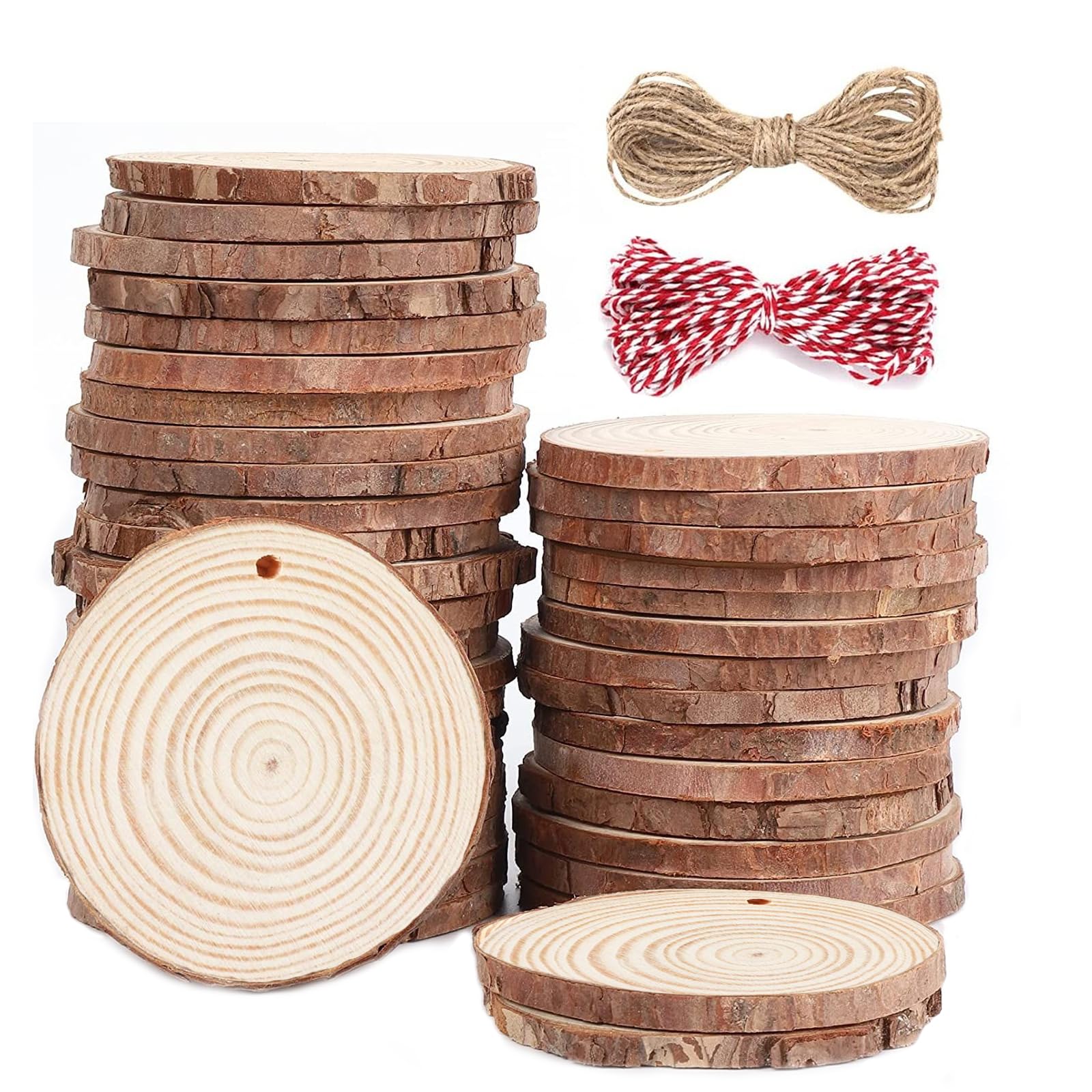 Wood Slices - 20Pcs Unfinished Natural Wood Discs, 6-7 CM Predrilled Log Slices Wooden Circles with Hole and 2 Ropes, Wooden Slices for Crafts DIY Wedding Decorations Christmas Ornaments Coasters