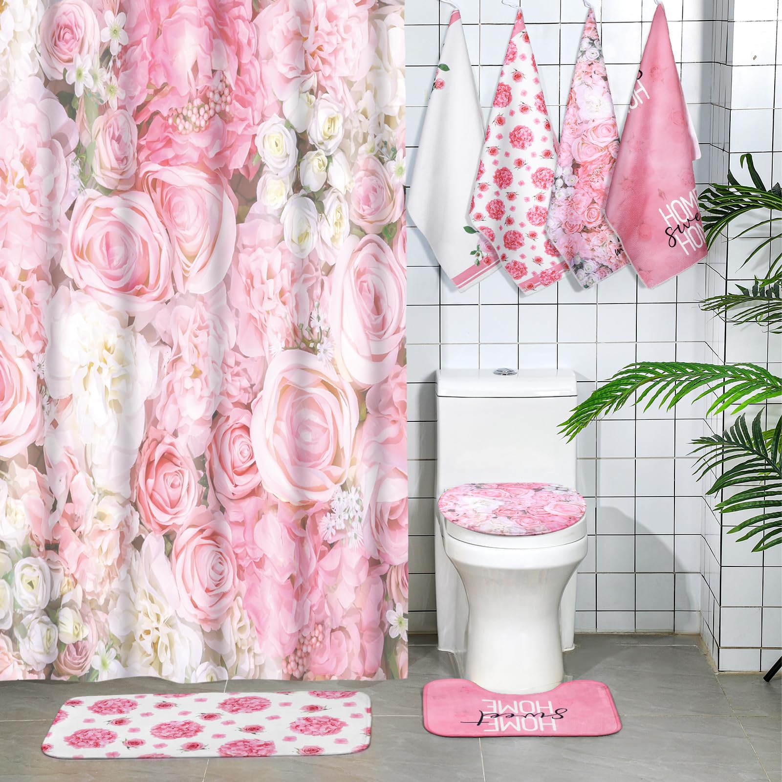 Honoson 8 Pcs Spring Rose Shower Curtain Set with Rugs and Kitchen Towels Spring Pink Flower Farmhouse Shower Curtain Bathroom Set for Farmhouse