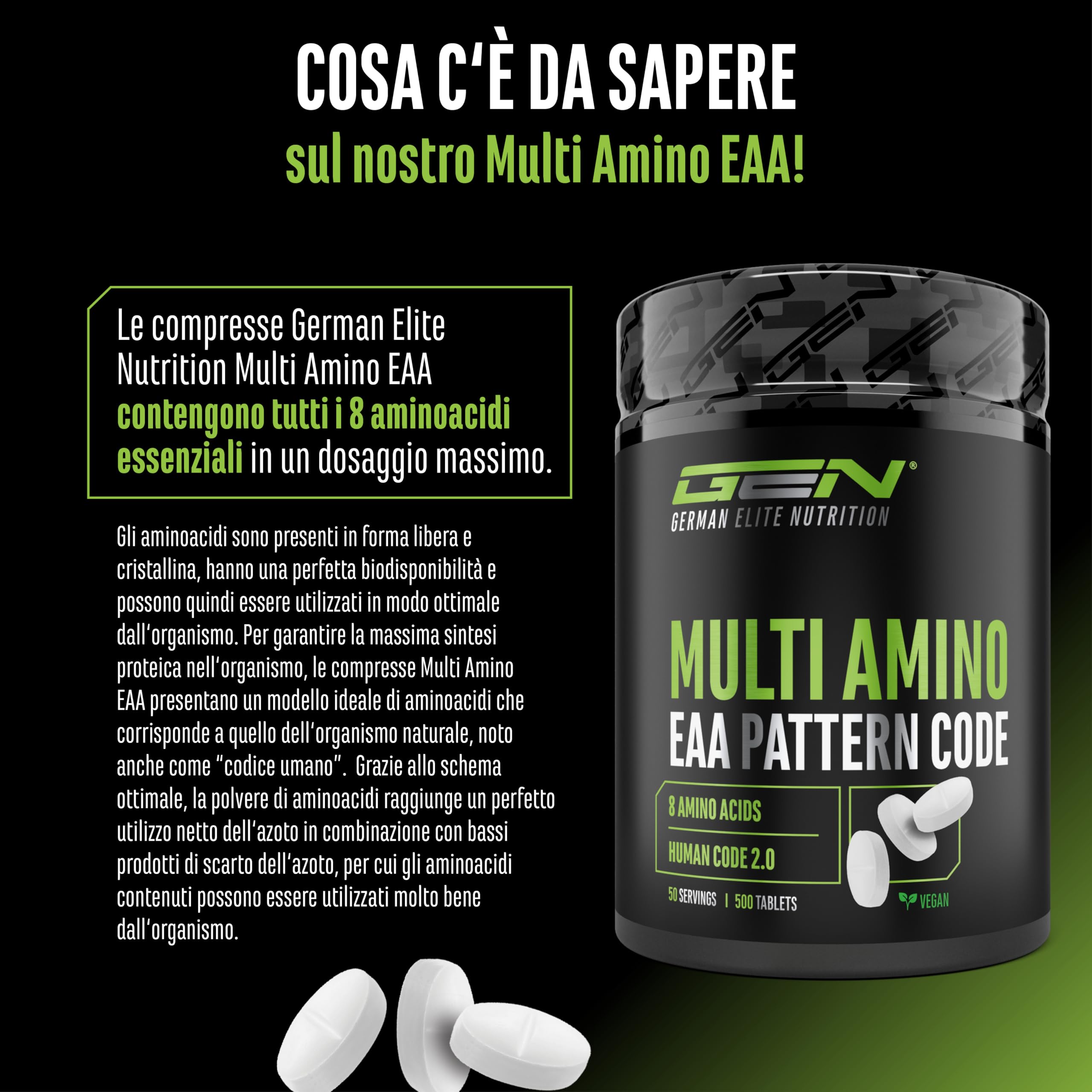Multi Amino-EAA Pattern Code - 500 compresse da 1000 mg ciascuna - Formula Human Code - Tutti gli 8 aminoacidi essenziali - Da fermentazione vegetale - Alto dosaggio - Vegan