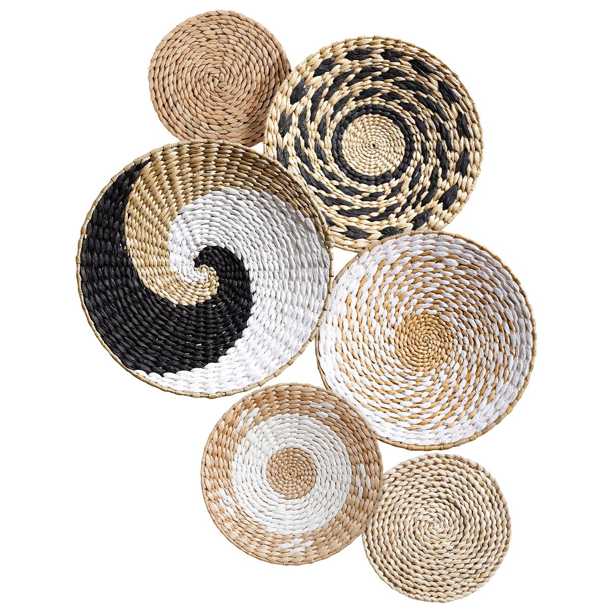 Set mit 4-6 Boho-Wandkörben, runde, Flache, handgefertigte Seegraskörbe für Küche und Wohnzimmer