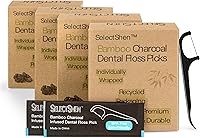 SelectShen Bamboo Charcoal Floss Picks - 200 Individually Wrapped, Shred-Resistant for Tight Teeth, Plaque Removal & Gum Health
