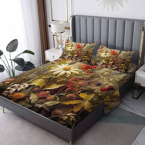 zcsm Wildflower Sábanas tamaño Queen  Sábanas de cama botánicas florales, microfibra suave y bolsillo profundo, sábanas y fundas de almohada
