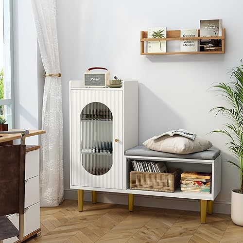 Miniatura 4 de HLR Banco de almacenamiento con puerta y estante de cristal, moderno banco de zapatos de entrada con asiento acolchado, armario de almacenamiento en