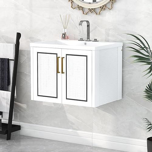 LUMISOL Mueble de baño de 24 pulgadas con fregadero, armario de baño flotante con asas doradas, tocador de baño montado en la pared con fregadero de