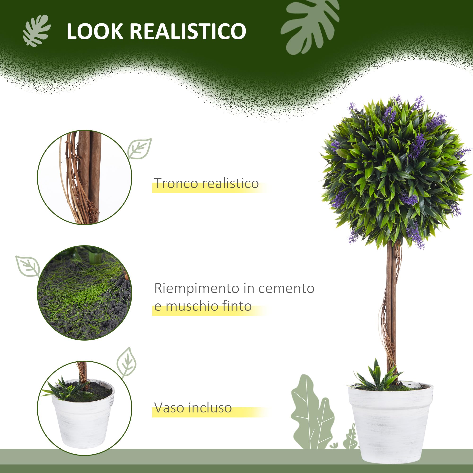 HOMCOM Set 2 Piante Finte da Interno e Esterno, Piante Artificiali a Sfera Anti-UV con Fiori di Lavanda e Vaso con Muschio e Cemento Incluso, Piante Verdi Decorative in PE e PP, Ø24x60 cm