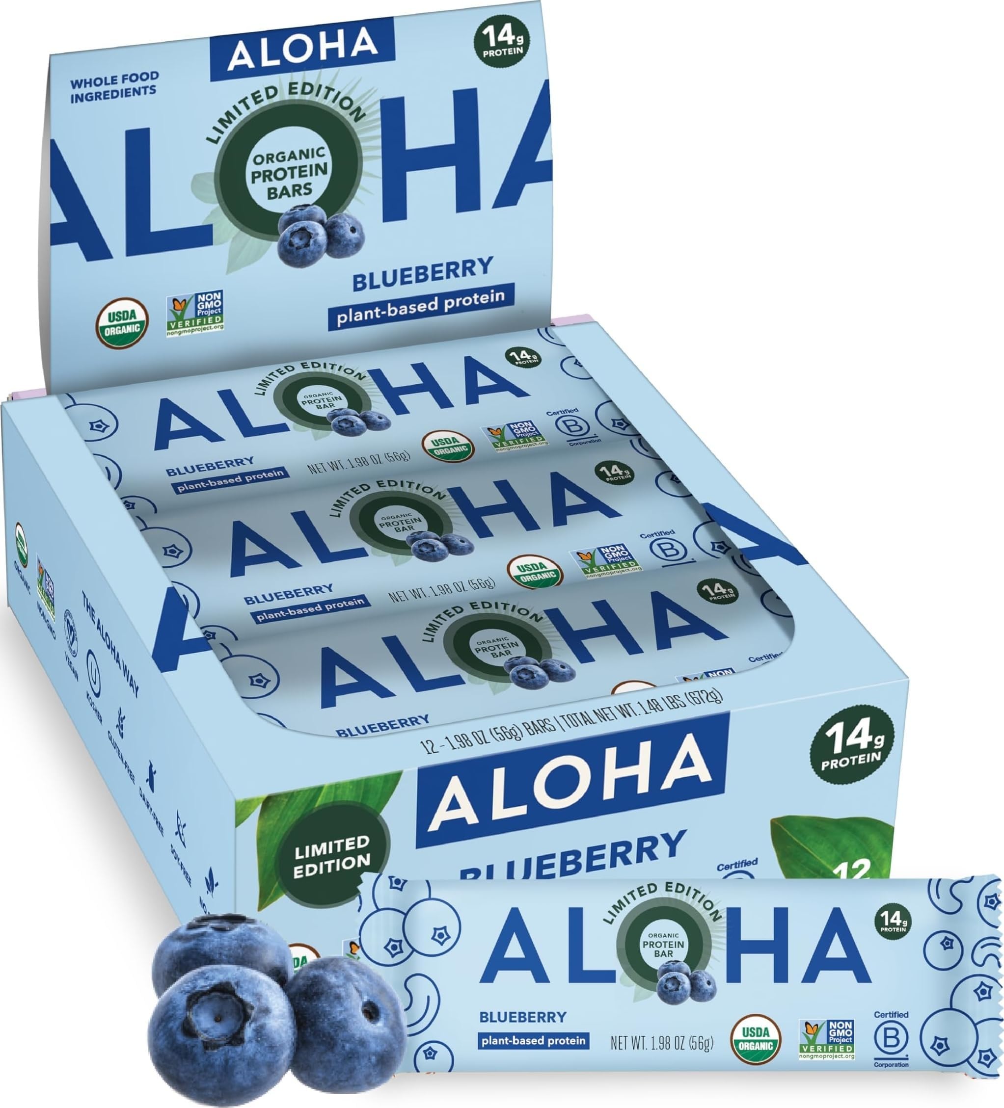 ALOHA Organic Plant Based Protein Bars | Blueberry, 12 Count, 3g Sugar | 14g Plant-Based Protein, 10g Fiber | GLP-1 & Keto Friendly, No Sucralose or Stevia | Non-GMO, Gluten, Dairy & Soy Free
