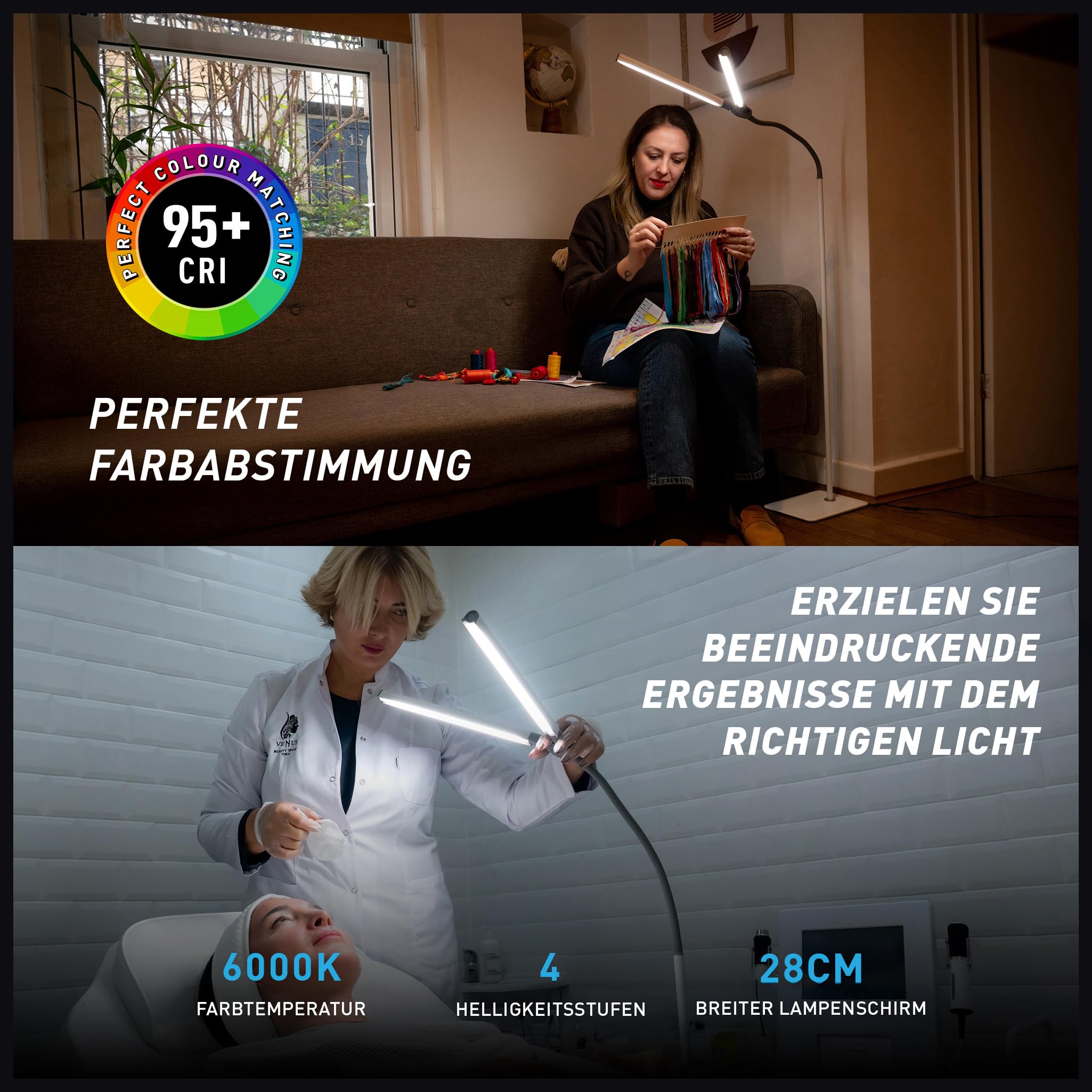 Daylight DuoPro™ LED Stehlampe – Doppelschirm, 6000K, 2090 Lux, 4 Helligkeitsstufen, Flexibler Arm, Stehleuchte für Wohnzimmer, Salons, Wimpern-, Augenbrauen- & Tattoo-Arbeit, Weiß