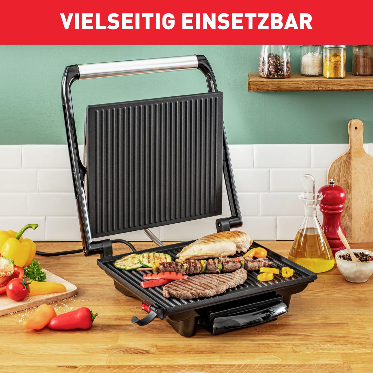 Tefal Inicio GC241D Kontaktgrill, Elektrogrill, 2000W, Antihaftbeschichtete Grillplatten, Edelstahl/Schwarz