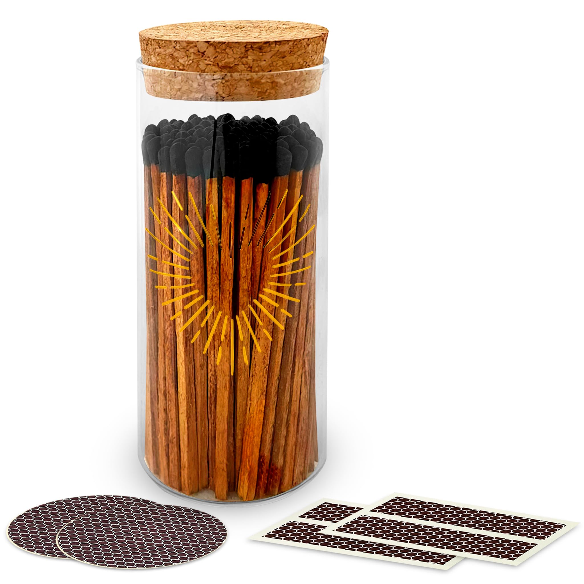 Decorative Matches in a Gold Heart Foil Glass Jar | 4" Espresso Long Matches (100 match sticks)Cork Top Glass Holder + Striker Stickers | Gifts, Décor
