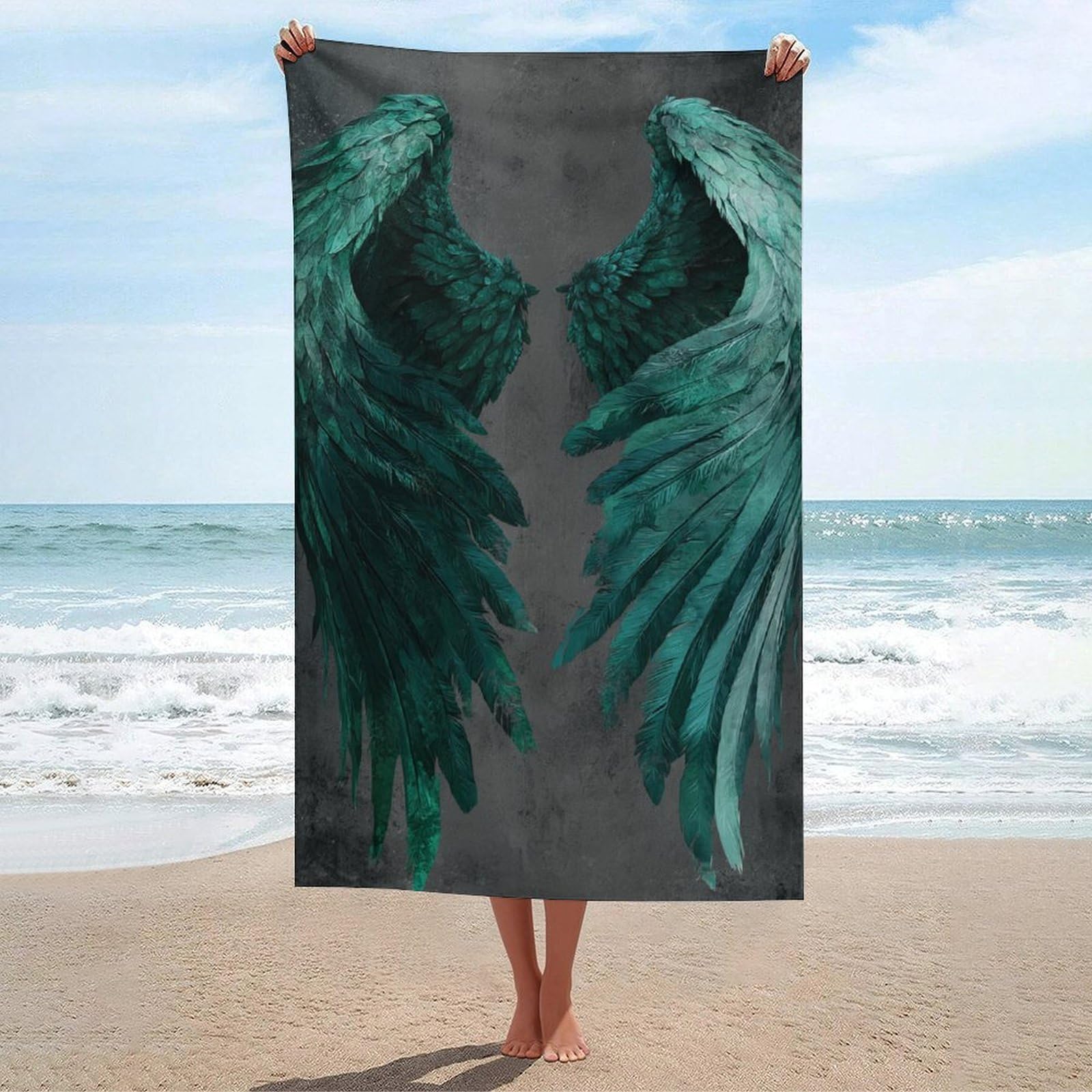 asbwuo Pair of Emerald Green Angel Wings Beach Towel