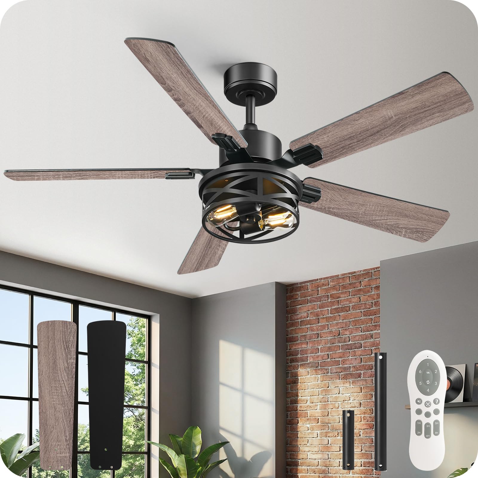 52 Inch Farmhouse Ceiling Fan with Lights and Remote, Timer, Dual Finish 5 Blades (Gray Oak and Black), 6 Speeds, Reversible DC Motor, Rustic &amp; Industrial Caged Ceiling Fan for Bedroom HB01CF05