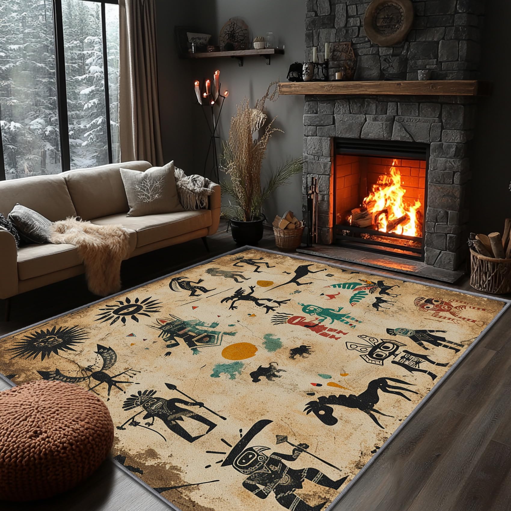 Yoozitrees Native American Rugs 8x10 - Native American Rug, 7x9 Rug, Southwestern Tribal Rustic Area Rug, Southwest Ancient Petroglyph Carpet,