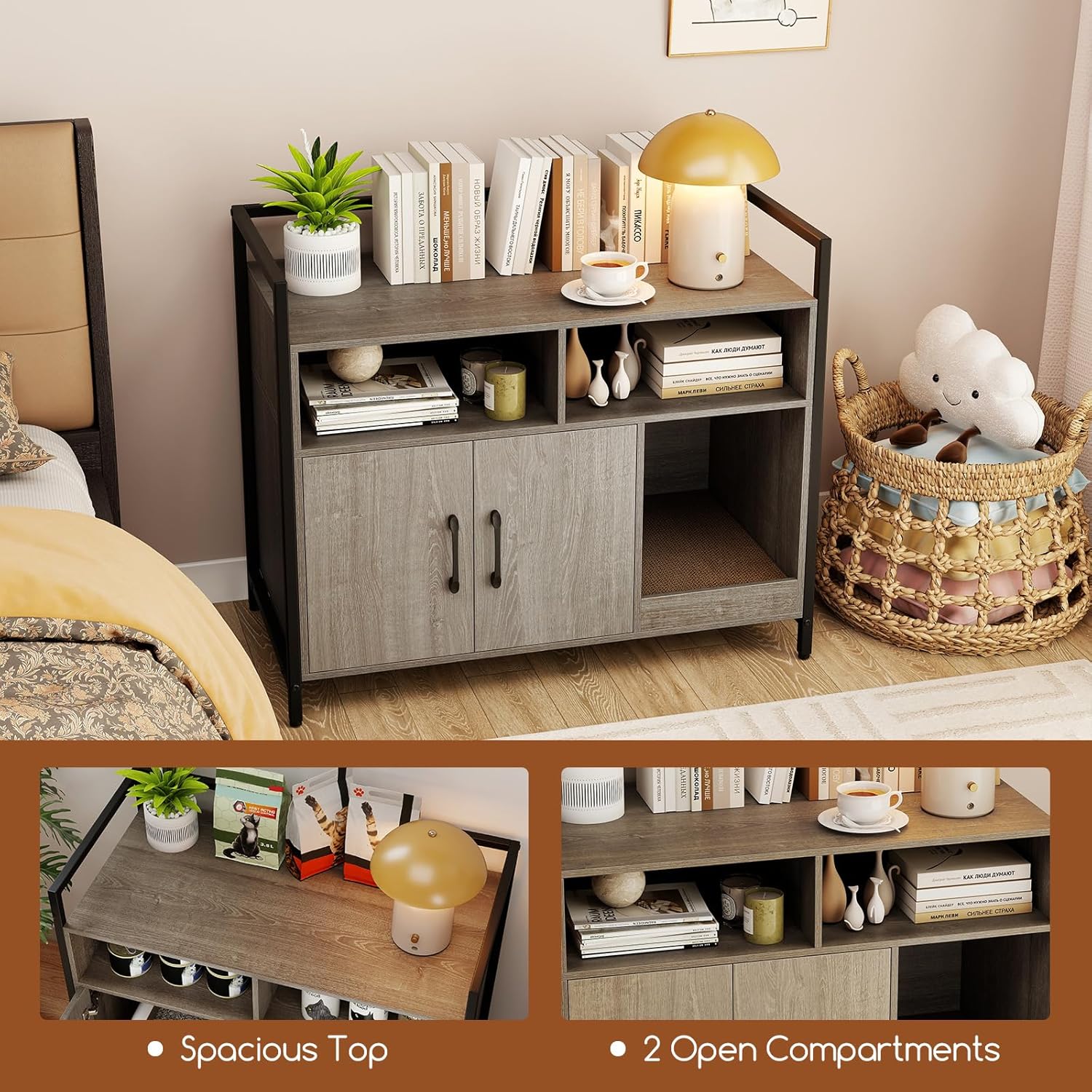 PETSITE Modern Cat Litter Box Enclosure, Wooden Hidden Litter Box Furniture with Front Entry, Scratcher, 2-Door Storage Cabinet, 2 Compartments, Air Vents, Solid Metal Framed (Oak Grey)